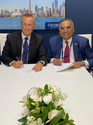 Phillip Underwood, President and CEO, Magellan Aerospace and Aravind Melligeri, Chairman and CEO, Aequs signing MOU at Farnborough International Airshow 2024 (Photo: Business Wire)