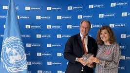 World Technology Games CEO Alexander Brown and Gabriela Ramos, Assistant Director-General for the Social and Human Sciences of UNESCO, at The UNESCO “Change the Game” Ministerial Sport Conference in Paris on July 23, 2024. (Photo: Business Wire)