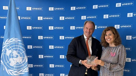 World Technology Games CEO Alexander Brown and Gabriela Ramos, Assistant Director-General for the Social and Human Sciences of UNESCO, at The UNESCO “Change the Game” Ministerial Sport Conference in Paris on July 23, 2024. (Photo: Business Wire)