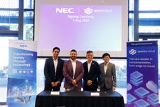 NEC APAC and Spectro Cloud sign strategic agreement. From left to right: Saad Malik, CTO & Co-founder, Spectro Cloud; Kyle Goodwin, VP of Global Sales, Spectro Cloud; Job Chan, Head of RHQ Managed Services, Vice President, NEC Asia Pacific; Walter Lee, Head/Snr Director, Regional Strategy & Planning, Managed Services Regional Hub, NEC Asia Pacific. (Photo: Business Wire)