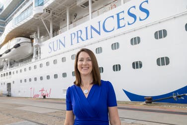 EDITORIAL USE ONLY Vice President of Princess Cruises UK & Europe, Eithne Williamson greets Sun Princess, Princess Cruises' next-generation cruise ship, as it arrives in Southampton for its UK debut. Picture date: Saturday September 21, 2024. PA Photo. The ship will stay in port for two nights, before heading to Ft Lauderdale to start her first-ever Caribbean season. Photo credit should read: Dave Dodge/PA Media Assignments