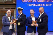 EDITORIAL USE ONLY Handout photo dated 21/09/24 issued by Princess Cruises of (left to right) Lord Mayor of Southampton Dave Shields, Captain Craig Street, President of Princess Cruises John Padgett, and general manager of landside operations for ABP Southampton, Tom Dynes taking part in a traditional plaque and key ceremony aboard Sun Princess, Princess Cruises' next-generation cruise ship, after its arrival in Southampton for its UK debut. Picture date: Saturday September 21, 2024. PA Photo. The ship will stay in port for two nights, before heading to Ft Lauderdale to start her first-ever Caribbean season. Photo credit should read: Ciaran McCrickard/ Princess Cruises. NOTE TO EDITORS: This handout photo may only be used in for editorial reporting purposes for the contemporaneous illustration of events, things or the people in the image or facts mentioned in the caption. Reuse of the picture may require further permission from the copyright holder.