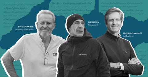 Honourees of the 2024 Bowsprit award: Frédéric Jousset, art philanthropist and creator of the first boat museum; Nick Entwisle, founder of Yachting Gives Back; and renowned explorer Mike Horn, leader of the Pangaea X project. (Graphic: The Superyacht Life Foundation)