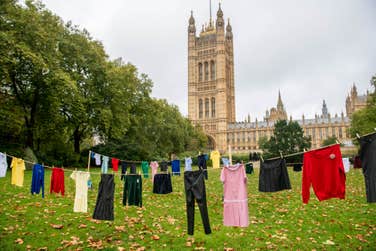 EMBARGOED TO 0001 TUESDAY OCTOBER 1EDITORIAL USE ONLY40 items of school uniform hang out to dry on a clothes line in Westminster, which represent the £40 million spent by state school staff of their own money on hygiene products for pupils, as laundry brand smol and charity The Hygiene Bank launch their ‘Clean Up Child Hygiene Poverty’ campaign. Issue date: Tuesday October 1, 2024. PA Photo. Backed by the teachers union NASUWT, the campaign is calling on the government to urgently address the issue of hygiene poverty in its upcoming Child Poverty Strategy.