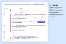 Flagged issue with a button for Sonar AI CodeFix to generate a recommended AI-powered resolution for the code. (Photo: Business Wire)