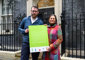 EDITORIAL USE ONLY JJ Chalmers and environmental action non-governmental organisation (NGO) WRAP CEO Harriet Lamb visit 10 Downing Street for the launch of UK’s annual Recycle Week (October 14th - 20th) with an open letter encouraging more households to reduce the number of recyclable items they send to landfill. Picture Date: Monday October 14, 2024. PA Photo. Aerosols, yoghurt pots, perfume bottles, plastic trigger sprays and toilet roll tubes make up the nine billion items each year that are discarded without being recycled. Although nine out of ten people recycle, nearly eight out of ten still bin recyclable items, inspiring the creation of their life-size figures to tackle declining recycling rates.