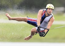 GB's Tom Heaps jumping to silver at the 2024 World Barefoot Waterski Championships in Florida, USA. Photo credit: Greg Adams