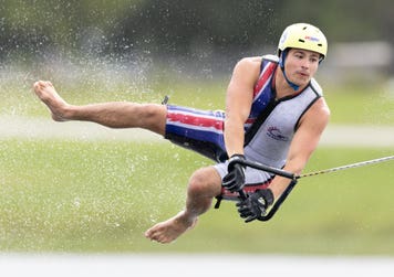 GB's Tom Heaps jumping to silver at the 2024 World Barefoot Waterski Championships in Florida, USA. Photo credit: Greg Adams