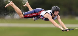 GB's Ben Sullivan jumping to bronze at the 2024 World Barefoot Waterski Championships in Florida, USA. Photo credit: Greg Adams