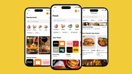 From left to right, screenshots of Glovo's new features: restaurants video wall, "Picks" and social