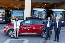 Emile Weber, Managing Partner of Emile Weber Group, Roly Heinisch, Managing Partner of Emile Weber Group and Dr. Yimeng Zhang, VP of Engineering at Pony.ai in front of a Pony.ai autonomous vehicle, at Emile Weber’s office, in Luxembourg, October 23, 2024 (Photo: Business Wire)