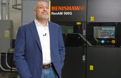 Continuum Powders COO Rizk Ghafari with a Renishaw Ren-AM 500Q Metal 3D Printer located at Knust-Godwin's advanced manufacturing facility in Katy, TX. (Photo: Business Wire)