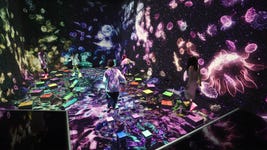 teamLab, Balance Stepping Stones in the Invisible World (c) teamLab - Balance Stepping Stones are stepping stones that interactively change when a person steps on them, emitting a color and tone that affect the space. When a person steps on a stone, it wobbles in various ways.