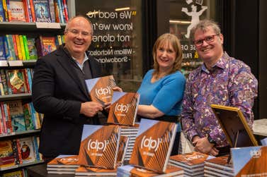 Deborah and Darren Paine, founders of (dp)2, with Stephen DeSimone, Chairman and CEO, of DeSimone Consulting Engineering, at a celebration for the publication of (dp)2 20 YEARS in Manchester, UK.