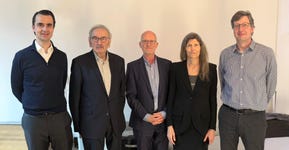 Investors in the current financing round with AudioCure Management. From left to right: Philipp Zöller (CEO InfectoPharm), Prof Hans Rommelspacher (founder AudioCure), Dr Reimar Schlingensiepen (CEO AudioCure), Dr Ingeborg Hochmair (CEO MED-EL) and Dr Christian Kannemeier (Senior Investment Manager HTGF). Copyright: AudioCure.