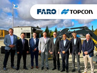 Pictured from left: Ewout Korpershoek and Tetsuya Morita with Topcon, Matthew Horwath and Peter J. Lau with FARO, Ivan Di Federico with Topcon, Phillip Delnick with FARO, and Murray Lodge and Luc Le Maire with Topcon. (Photo: Business Wire)