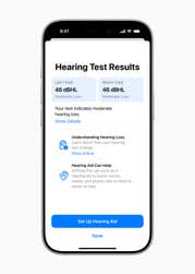 Users can see an easy-to-understand summary of their Hearing Test results in the Health app, including a number representing hearing loss in each ear, a classification, and recommendations.