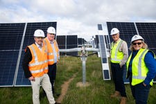 Left to right: Robert Piconi, Energy Vault Chairman and CEO; Lucas Sadler, Energy Vault Vice President Sales Asia; Tim Greenaway, ACEN Australia Head of Construction and Engineering; Sarah Donnan, ACEN Australia NES Project Director. (Photo: Business Wire)