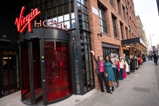 Women line up outside Virgin Hotels London to pitch their business dreams