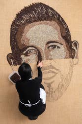 EDITORIAL USE ONLY Michelle Wibowo creates a portrait of Harry Kane out of coffee beans for Starbucks x Harry Kane Foundation, West Sussex. Picture date: Tuesday March 4, 2025. PA Photo.