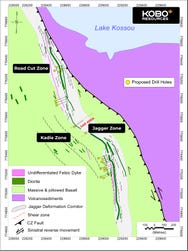 Figure 1: High Priority Gold Targets and Proposed Diamond Drill Hole Locations at Kossou