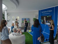 Sports Zone at The Home of Vision, Powered by Samsung Vision AI, showing Samsung TV spokesperson, Kiia Kaipainen, demonstration AI Motion Enhancer Pro to guests
