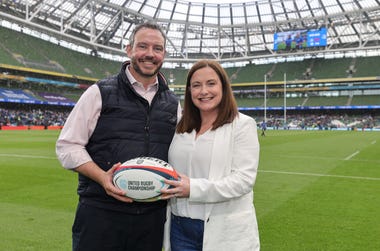 Jeff Davies, SVP of Finance and Operations at IPVanish, with United Rugby Championship Head of Operations Amy Monaghan at Aviva Stadium in Dublin on May 31, 2025, during the Quarter Final between Leinster and Scarlets.