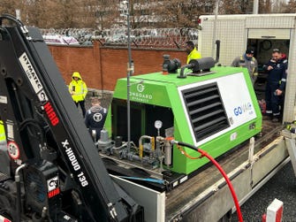 Onboard Dynamics’ GoVAC® Pipeline Evacuation System—an innovative, self-powered mobile unit designed to capture and recover natural gas during pipeline evacuations, eliminating the need for venting or flaring. Pictured here in action during a pipeline drawdown project in France.