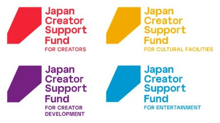 From the top left are the individual logos for the following support programs: the Creator & Artist Development Support Program [FOR CREATORS], the Support Program for Cultural Facilities Function Enhancement [FOR CULTURAL FACILITIES], the Creator Support Program (Program Development & Implementation) [FOR CREATOR DEVELOPMENT], and the Japan Creator Support Fund for Entertainment, International Outreach Program (Long-Term Projects) funded by METI [FOR ENTERTAINMENT].