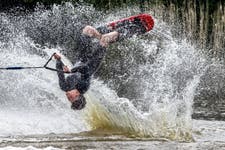 Seb Turp trick skiing at Gosfield Lake, Essex, which will host the 2025 British Open & Youth Waterski Championships from 13 to 15 August. Issue date: 5 August 2025. Photo credit: James Elliott