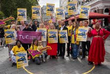 EDITORIAL USE ONLY General view of a silent busking photocall organised by The Musicians’ Union in Leicester Square, where buskers, musicians, street performers and London Assembly members gather to urge Westminster Council to provide new viable and accessible busking pitches to replace those lost in the area. Picture date: Thursday August 7, 2025. PA Photo. The call follows a City of London Magistrates’ Court ruling that banned busking in Leicester Square, with a petition to find new pitches receiving over 1,000 signatures.