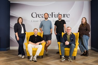 Left to right are Myra Fulton (Skyscanner), Darren Dalrymple (CreateFuture), Andrew Phillips (Skyscanner), Euan Andrews (CreateFuture), Jamie Rorrison (Skyscanner), and Eloise Maslewski (CreateFuture) at CreateFuture's HQ in Edinburgh