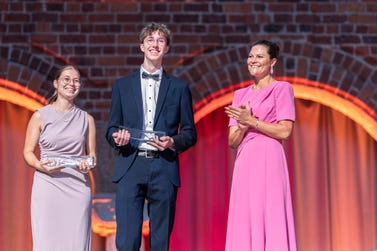 Niklas Ruf and Jana Spiller from Germany received the 2025 Stockholm Junior Water Prize for their scalable flood warning system for small streams. The award was presented by H.R.H. Crown Princess Victoria of Sweden at Stockholm City Hall during World Water Week. Image courtesy of Jonas Borg.