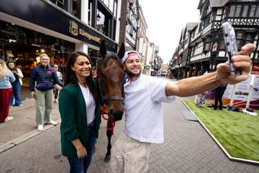 EDITORIAL USE ONLY Television personalities Sam Quek and Chris Hughes, attend a National Racehorse Week event in Chester city centre, where the public can meet and interact with racehorses and take part in racehorse-themed activities, including riding a mechanical horse and using VR headsets. Picture date: Wednesday August 27, 2025. PA Photo. Over 100 free events will take place at venues across Britain from August 23 to August 31, aimed at bringing racing closer to people of all ages and backgrounds.