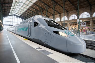 Eurostar Celestia train arriving in London St Pancras. CGI picture. Colours and livery not final. ©ALSTOM SA ©SPEEDINNOV SAS 2025. Advanced & Creative Design | Avelia Horizon™.