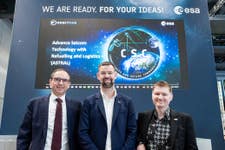 Director of ESA’s Connectivity and Secure Communications Laurent Jaffar, Orbit Fab Managing Director Jacob Geer and UK Space Agency Director of Investments Craig Brown after signing the ESA contract.