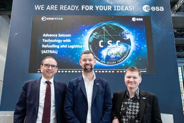 Director of ESA’s Connectivity and Secure Communications Laurent Jaffar, Orbit Fab Managing Director Jacob Geer and UK Space Agency Director of Investments Craig Brown after signing the ESA contract.