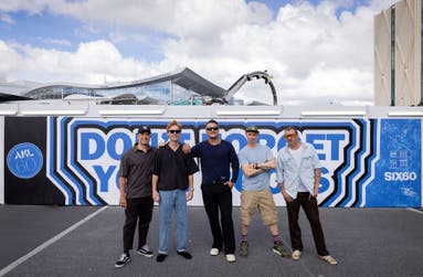SIX60 unveil the “Don’t Forget Your Roots” lyric art wall at the front entrance to the international terminal. Left to Right: Marlon Gerbes; Ji Fraser; Matiu Walters; Auckland Artist, Jonny Higher; Chris Mac
