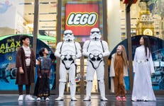 EDITORIAL USE ONLY L-R Kason, aged 11, Noah aged 10, Honor, aged 11 and Shuo aged 11, each dressed as a Star Wars character, test the LEGO Group’s new LEGO Star Wars SMART Play sets, alongside actors dressed as Stormtroopers, in the LEGO Store Leicester Square, London. Picture date: Sunday March 1, 2026.