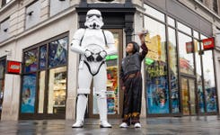 EDITORIAL USE ONLY Noah aged 10 dressed as a Star Wars character, test the LEGO Group’s new LEGO Star Wars SMART Play sets, alongside actors dressed as Stormtroopers, in the LEGO Store Leicester Square, London. Picture date: Sunday March 1, 2026.