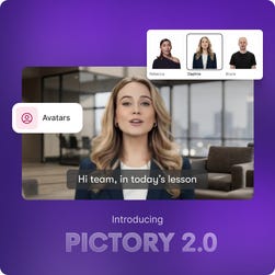 Pictory 2.0 introduces AI-generated avatars, prompt-to-images and videos, and interactive video hosting.