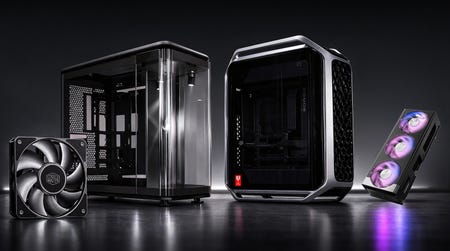 Cooler Master's winning iF designs: MasterFan A120, MasterFrame 360 Panorama, COSMOS Alpha and Custom GPU Fan Cooling Kit.