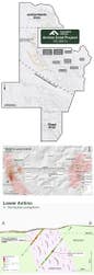 Figures 1, 2, and 3: Antino Gold Project Property Map, Lower Antino Plan Map, and Lower Antino cross-section through central gold trend.