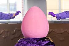 EMBARGOED TO 0001 MONDAY MARCH 30 EDITORIAL USE ONLY General view of the ‘Mega Mini Egg’, the world’s largest Cadbury Mini Egg, unveiled at Cadbury World in Birmingham. Issue date: Monday March 30, 2026. PA Photo. Handcrafted by chocolatiers Claire Fielding and Donna Pitts over two days, the egg stands at 70 centimetres tall and weighs 55kg, the same weight as an adult cheetah, and will be on display from March 30.