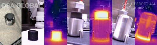 (Left to right) Americium ceramic fuel pellets; infrared image of the fuel pellet; optical and infrared images of the fuel pellets in a clad; optical and infrared images of the clad with lid