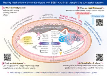 Urethral stricture starts with narrowing of a short segment of urethral lumen. At early stages, it is managed by balloon dilatation or DVIU Urethrotomy. The open urethrotomy wound after dilatation or DVIU has to heal from the edges of the wound, which may take a longer time. In BEES-HAUS cell therapy, the cell transplant having proven successful engraftment, covering the urethrotomy wound, yielding clinical safety and efficacy may be considered to be included in the treatment guidelines after validation. Its simplified version, the BHES-HAUS (Buccal epithelium Hashed and Encapsulated in Scaffold—Hybrid Approach to Urethral Stricture) accomplished in one-go without need for cell culture in a lab, works on similar principles. After long term follow-up, BHES-HAUS minimally invasive approach may be worth combining with DVIU and balloon dilatation, as it may be able to provide longer duration of recurrence-free, good quality of life without need for intermittent self-catheterization.