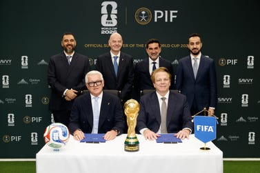 14 May, 2026: Front row (L-R), Romy Gai, Chief Business Officer, FIFA and Kevin Foster, Managing Director and Head of Corporate Affairs, PIF, back row (L-R), H.R.H Prince Faisal Bin Bandar Bin Sultan Al Saud, Vice Chairman, Savvy Games Group, Gianni Infantino, President, FIFA, H.E. Yasir Othman Al-Rumayyan, Governor, PIF and Muhannad AlDawood, Chief Strategy Officer, Qiddiya Investment Company witnessed the signing of the partnership of PIF as Official Tournament Supporter of FIFA World Cup 2026™, incorporating PIF companies, Savvy Games Group and Qiddiya City (Photo by PIF)