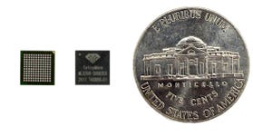 Photograph of the MLX200 chip with a five-cent coin for size reference