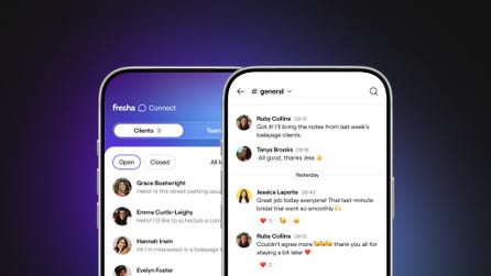 Fresha Connect interface shown across two mobile screens, featuring AI-powered client messaging and internal team communication designed to keep beauty and wellness businesses connected in real time.