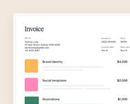 HoneyBook's invoicing interface, showing a client project breakdown for an independent business based in Sydney, Australia.